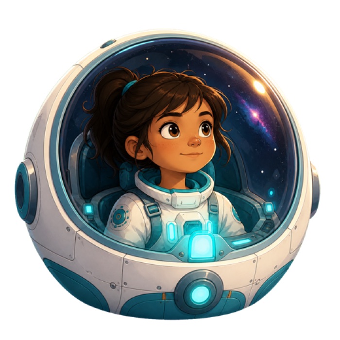 Pip inside her pod, looking out through the canopy at the stars.